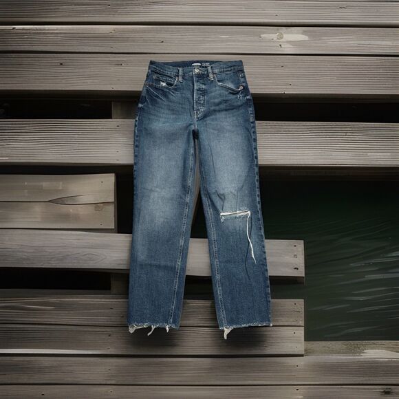 Old Navy Sky Hi Straight Ankle Jeans 6 (28x26) Blue Button Fly Distressed Womens - Picture 1 of 9